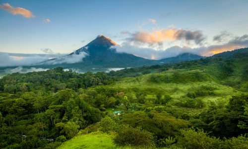 Scenic view of Arenal Volcano in central Costa Rica at sunrise