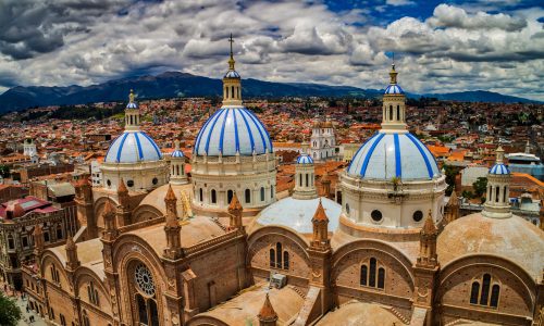 New Cathedral in center of Cuenca, Ecuador, Dec 24, 2017 - It was large enough to house 90% of the population of Cuenca when it was designed. The church took 90 years to complete construction, finally opening in 1975.