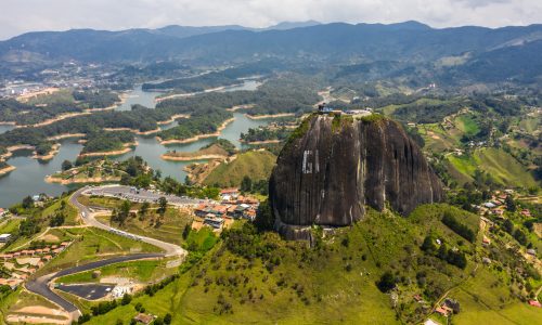 Aerial view landscape of the Rock of Guatape, Piedra Del Penol, Colombia.