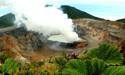 Panoramic view of the impressive Poas volcano crater in Costa Rica