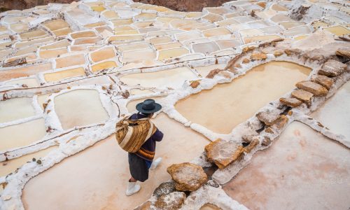 panoramic view of maras salt mine, peru