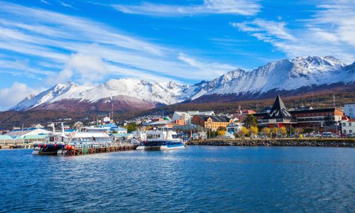 Catamaran boats in the Ushuaia harbor port. Ushuaia is the capital of Tierra del Fuego province in Argentina.