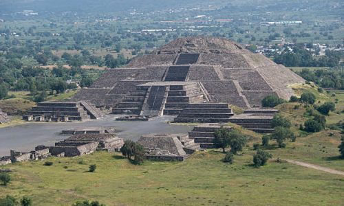 "View of the Pyramid of the Moon and the Avenue of the Dead in Teotihuacan, Mexico."